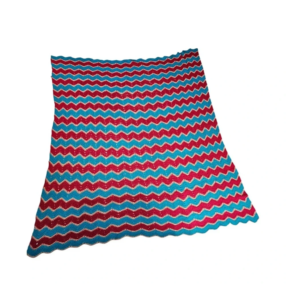 Vintage Handmade Afgan Crochet Chevron Blue Red Grandma Granny‎ Blanket 76
